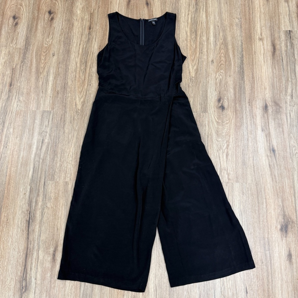Eileen Fisher Wide Leg Jumpsuit Womens Medium Black Stretch Sleeveless Faux Wrap